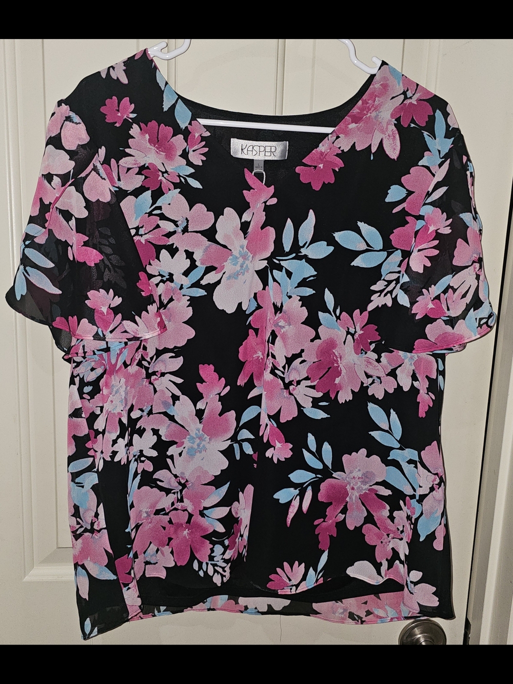 Kasper Black Floral Blouse with Pink & Blue Flowers Women Size Large